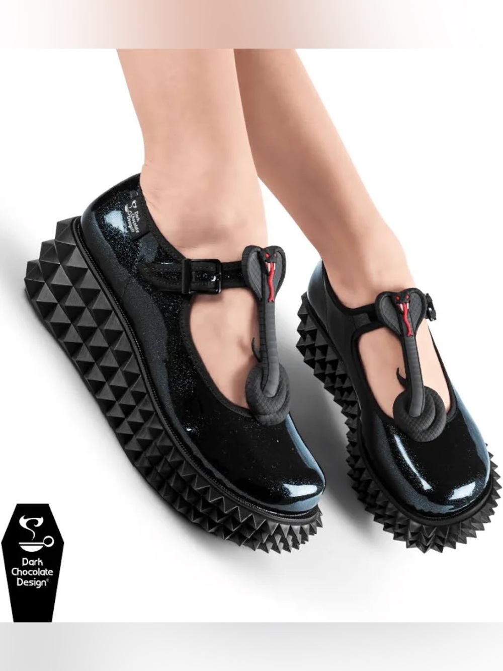 Choclaticas Black Cobra Patent Platform Mary Janes with Geometric Stud Sole